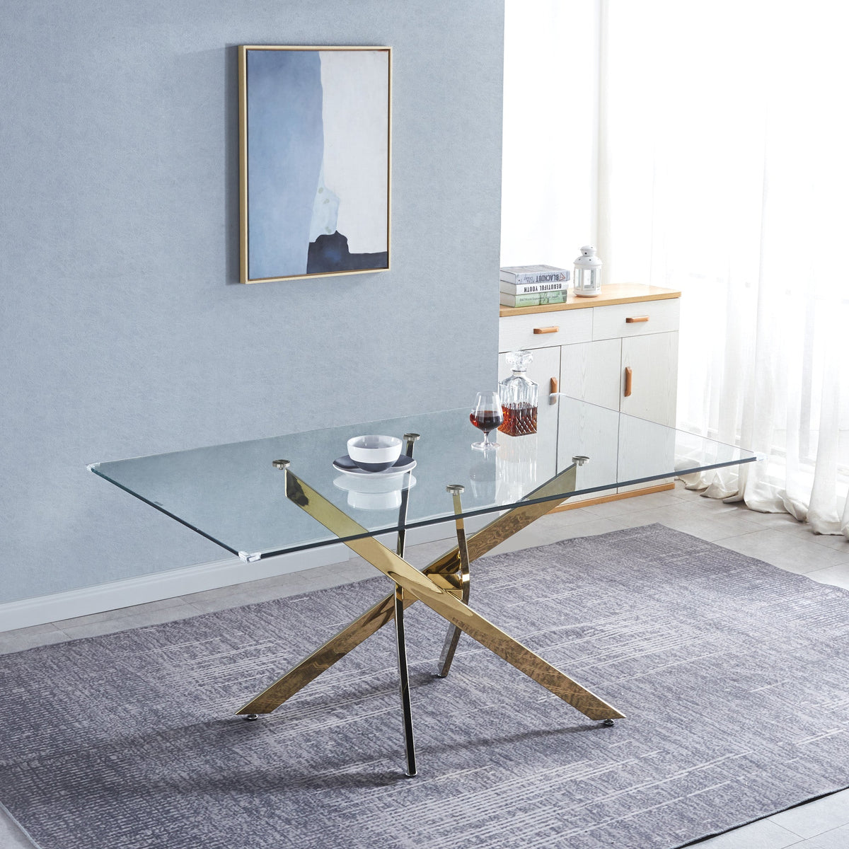 Modern Rectangular Glass Dining Table for 6 with Gold Base
