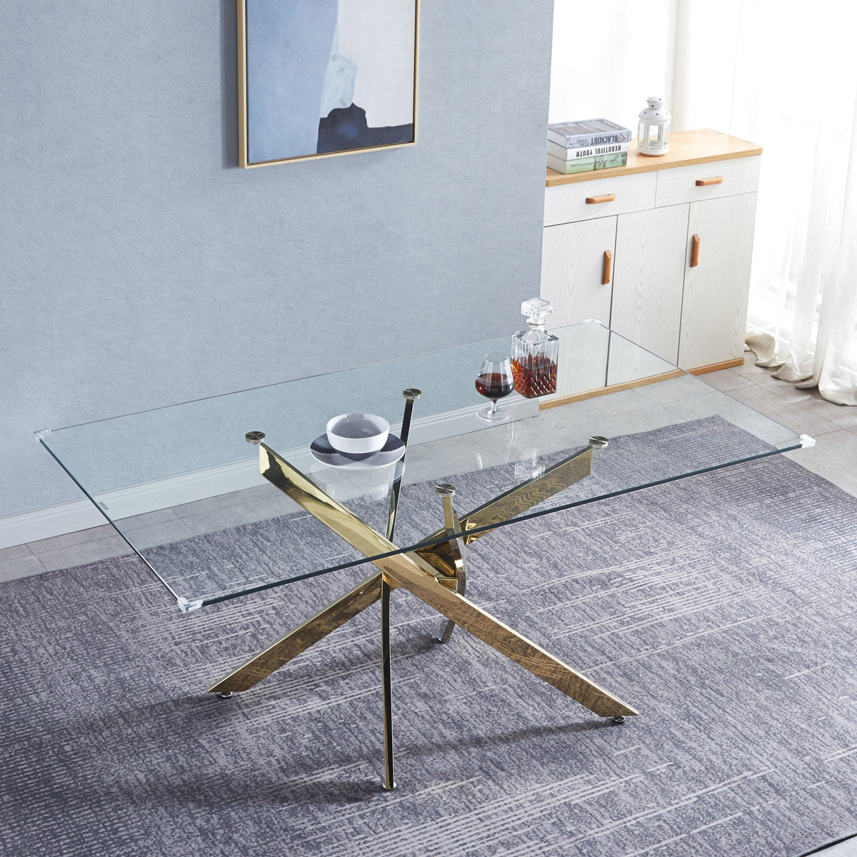 Modern Rectangular Glass Dining Table for 6 with Gold Base