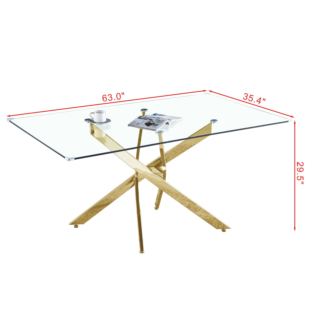 Modern Rectangular Glass Dining Table for 6 with Gold Base