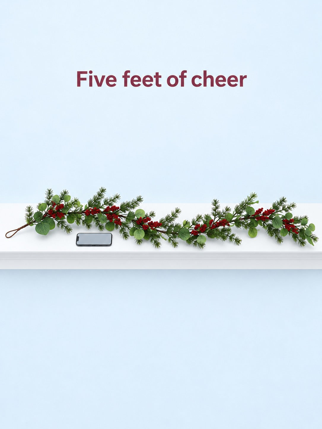 Red Berry Christmas Garland for Mantel, 5 Ft Length