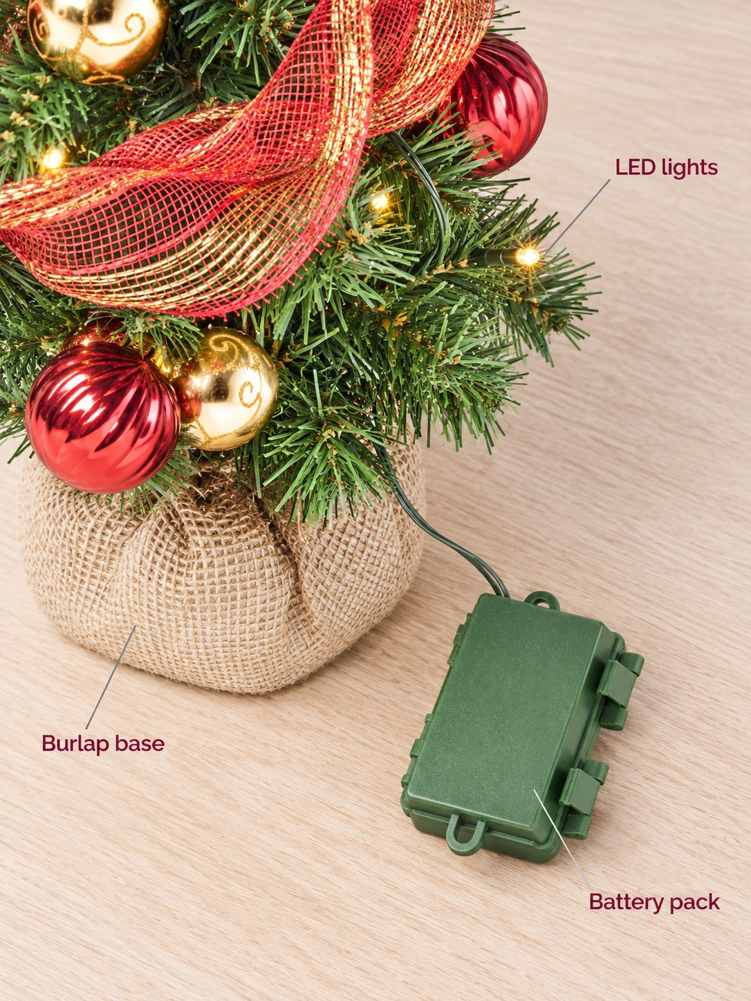 Red and Gold Burlap Tree with 50 LED Lights, Battery