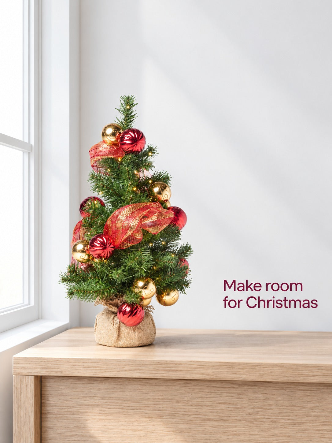 Red and Gold Burlap Tree with 50 LED Lights, Battery