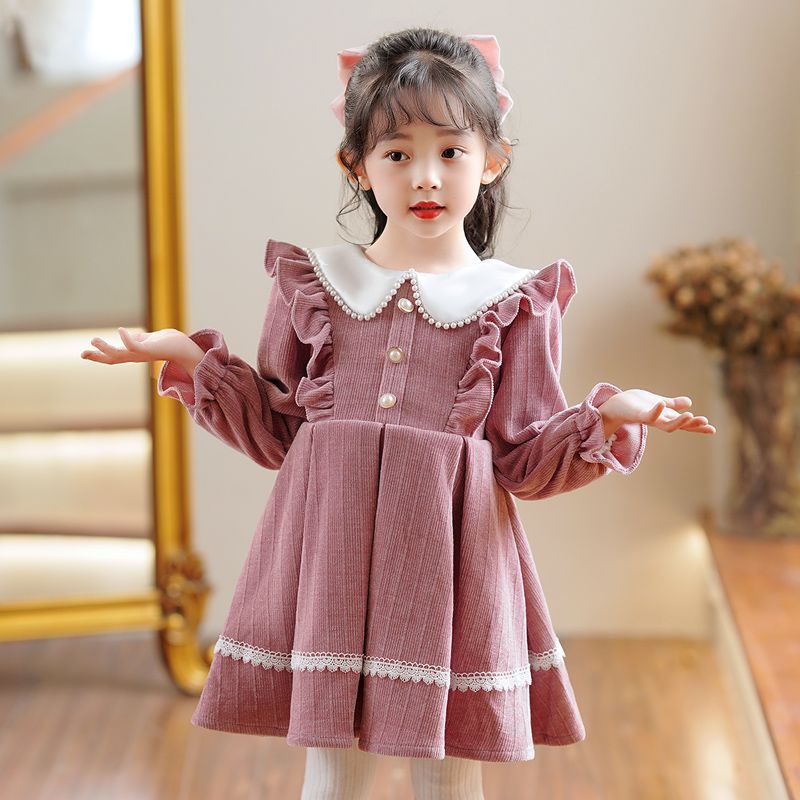 Girls' Red Princess Dress With Lace Trim for Autumn