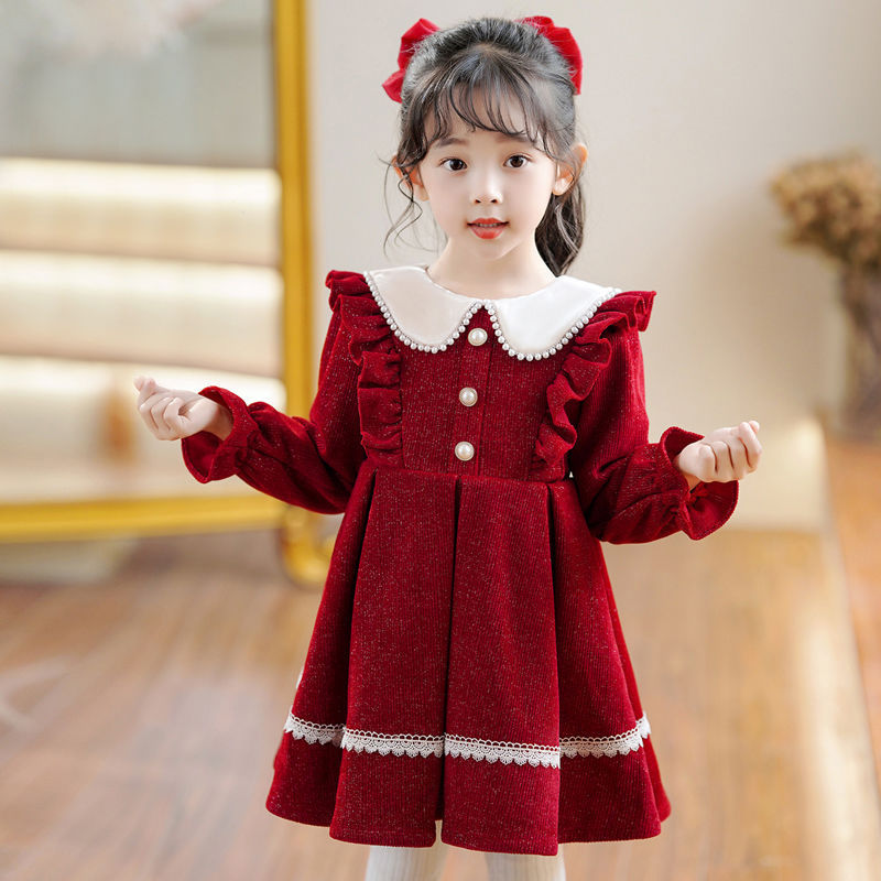 Girls' Red Princess Dress With Lace Trim for Autumn