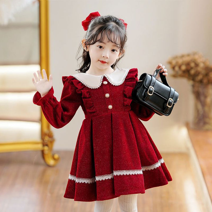 Girls' Red Princess Dress With Lace Trim for Autumn