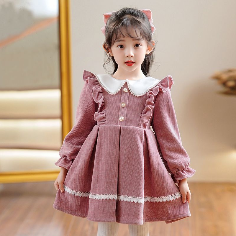 Girls' Red Princess Dress With Lace Trim for Autumn