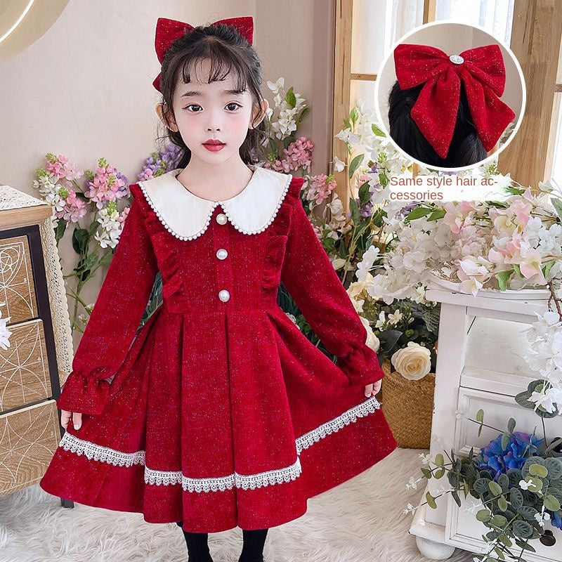 Girls' Red Princess Dress With Lace Trim for Autumn