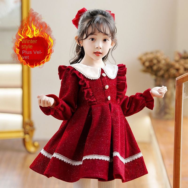Girls' Red Princess Dress With Lace Trim for Autumn
