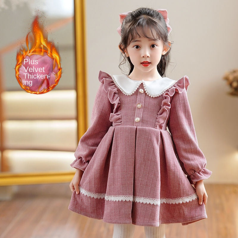 Girls' Red Princess Dress With Lace Trim for Autumn