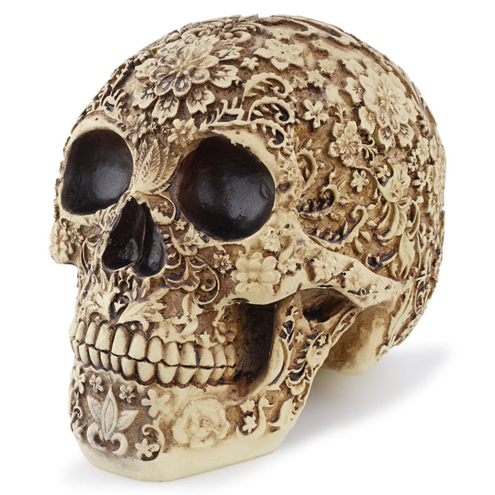 Carved Resin Skull Decor With Antique Floral Detail