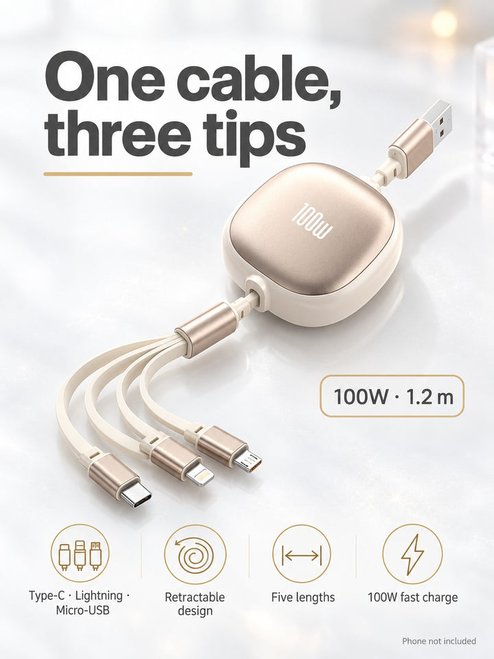 Retractable 3-in-1 Charging Cable with 100W Fast Charge