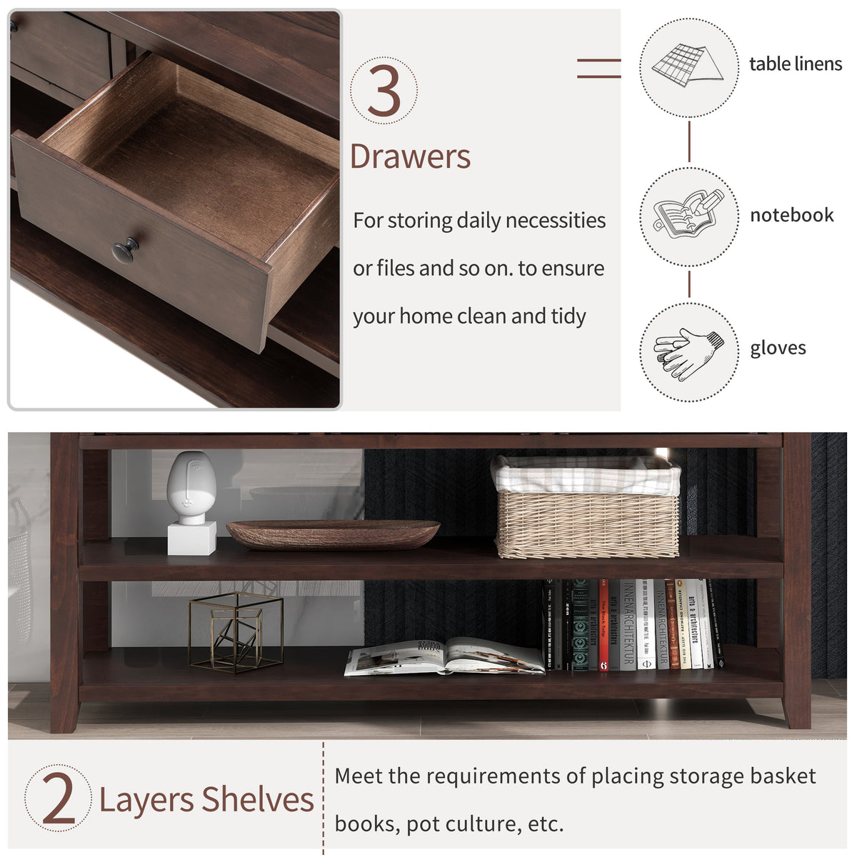 Espresso Solid Pine Console Table with Drawers & Shelves