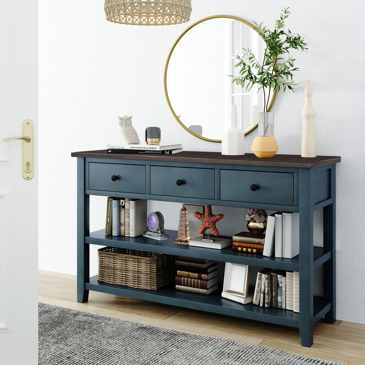 Navy Retro Console Table with Drawers and Open Shelves