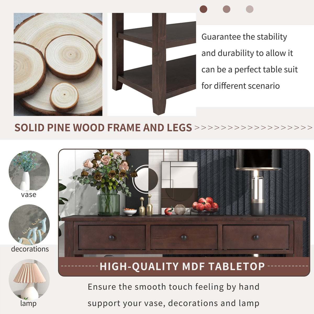 Espresso Solid Pine Console Table with Drawers & Shelves