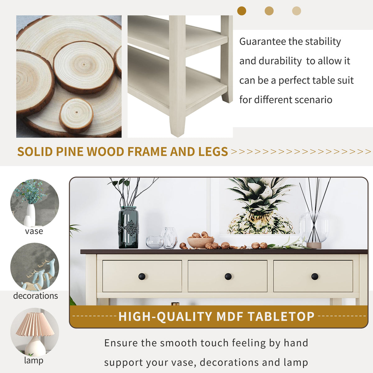 Solid Pine Console Table with Drawers and Shelves