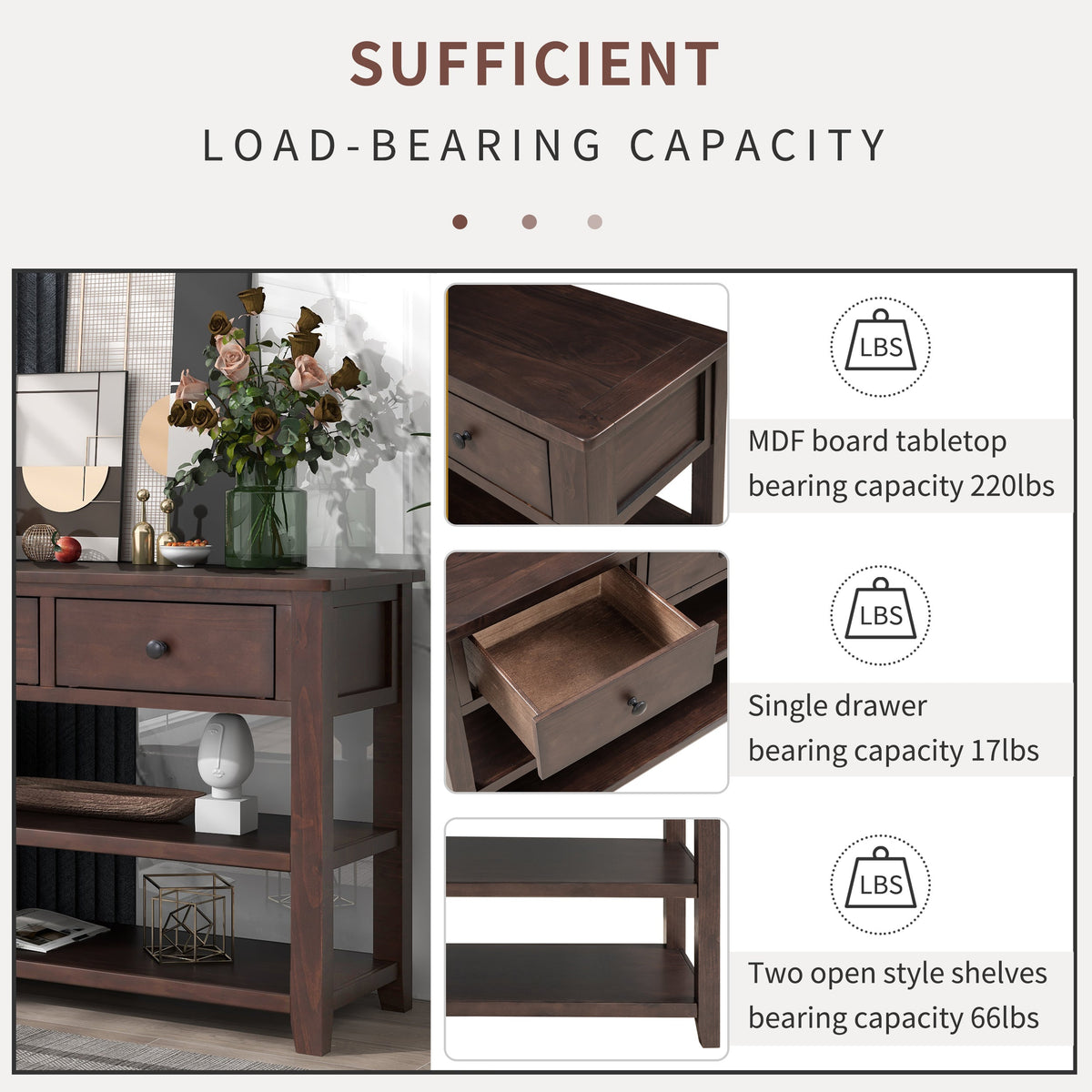 Espresso Solid Pine Console Table with Drawers & Shelves