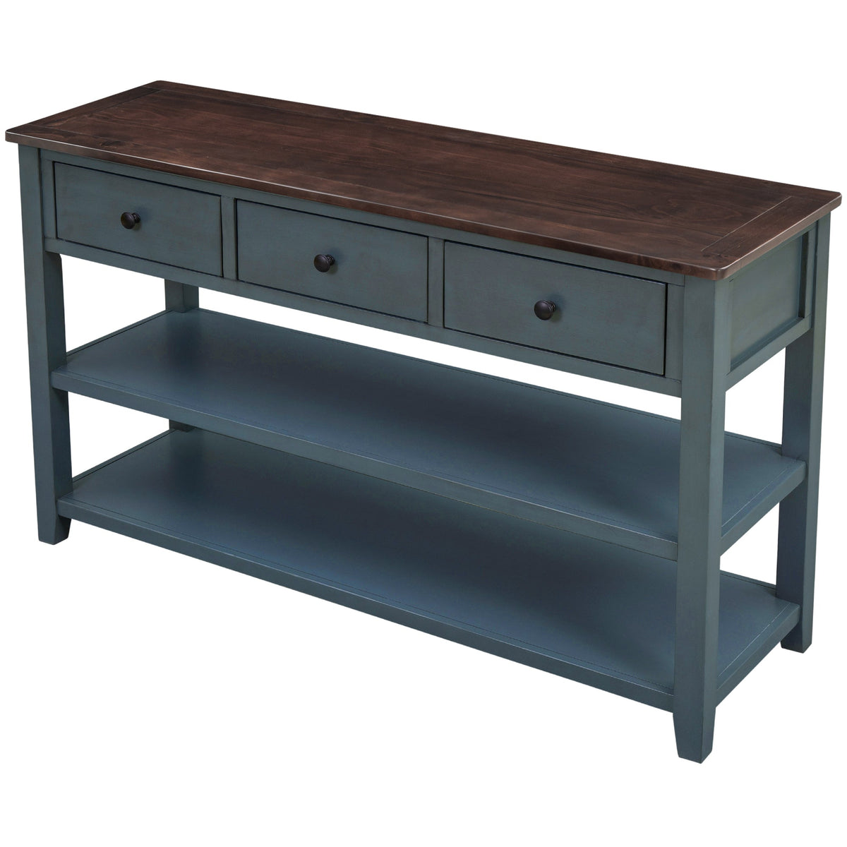 Navy Retro Console Table with Drawers and Open Shelves