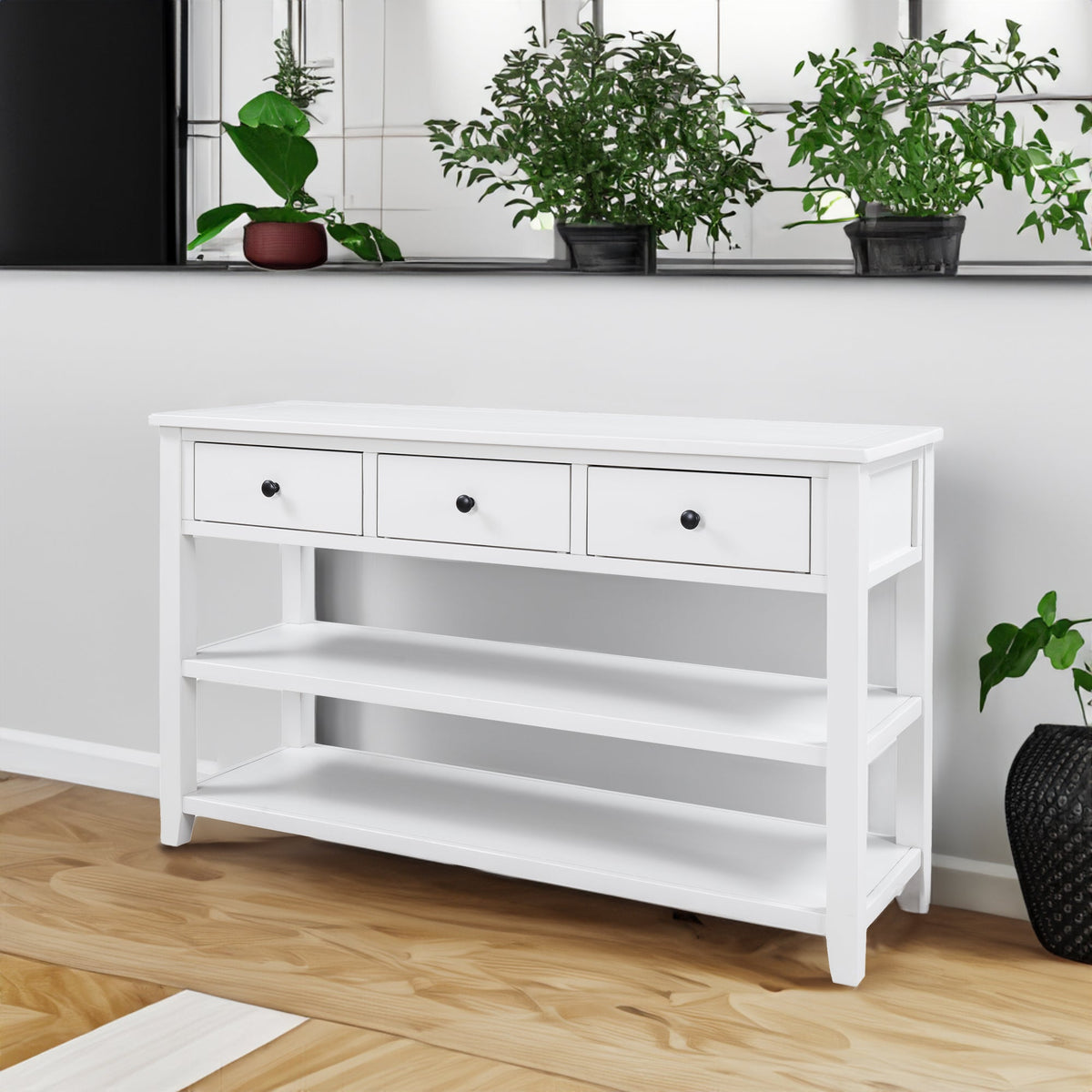 Retro Pine Console Table with Drawers and Shelves
