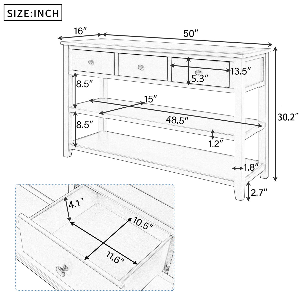 Retro Pine Console Table with Drawers and Shelves
