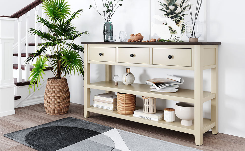 Solid Pine Console Table with Drawers and Shelves