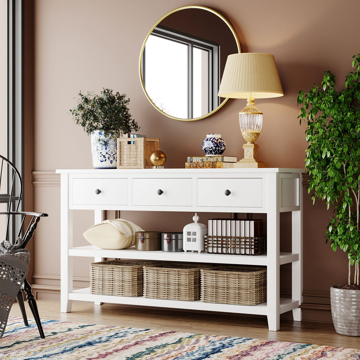Retro Pine Console Table with Drawers and Shelves