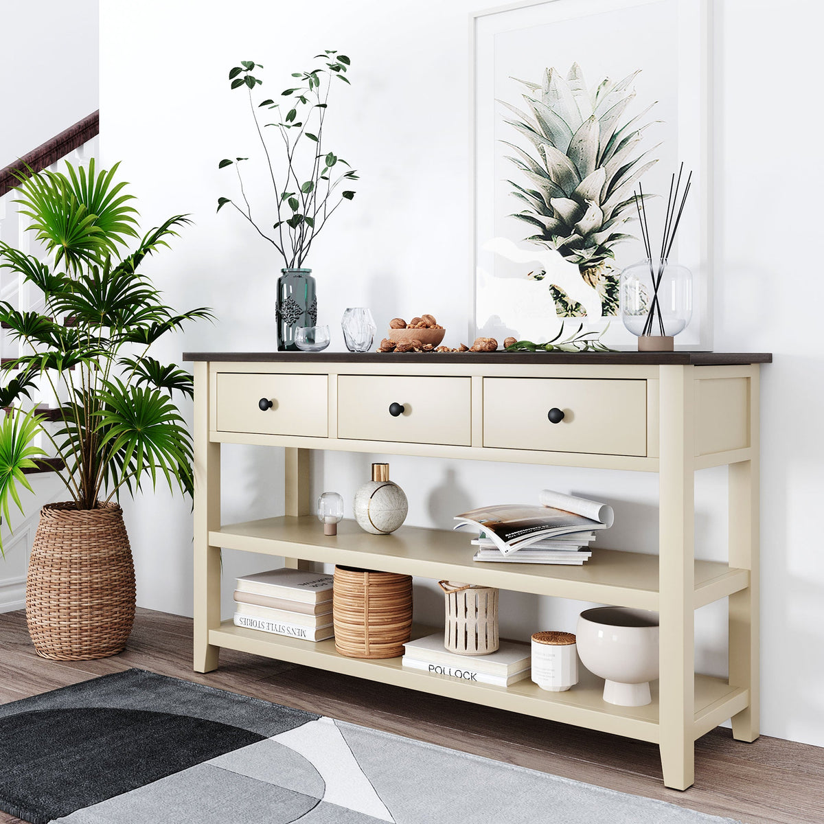 Solid Pine Console Table with Drawers and Shelves