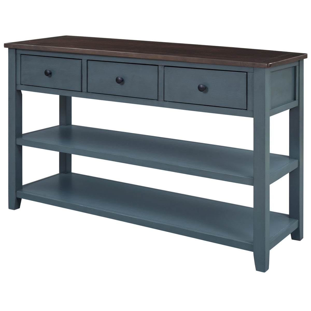 Navy Retro Console Table with Drawers and Open Shelves
