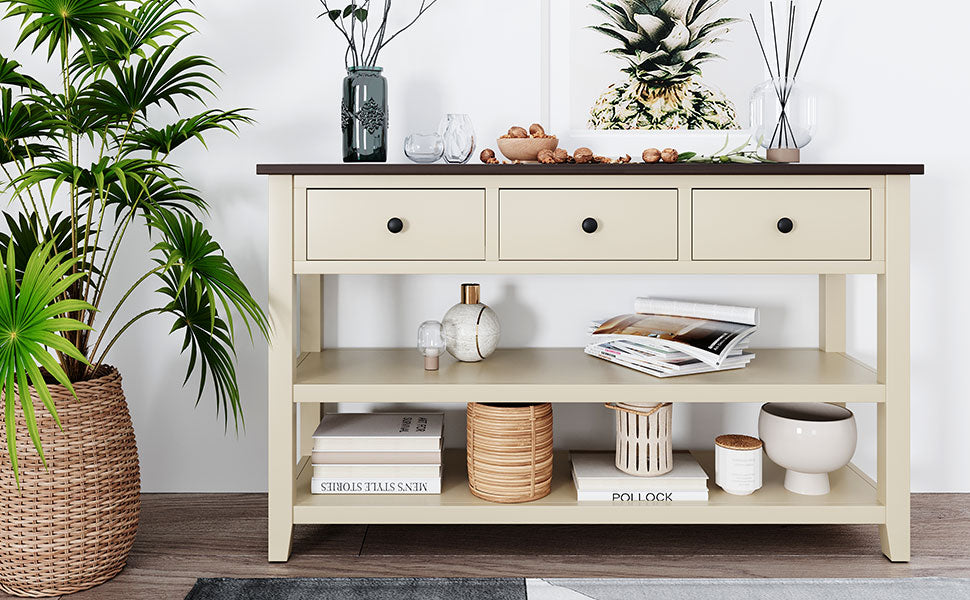 Solid Pine Console Table with Drawers and Shelves