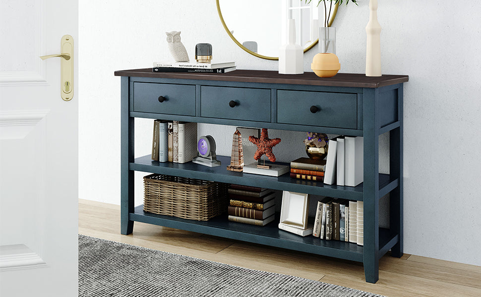 Navy Retro Console Table with Drawers and Open Shelves