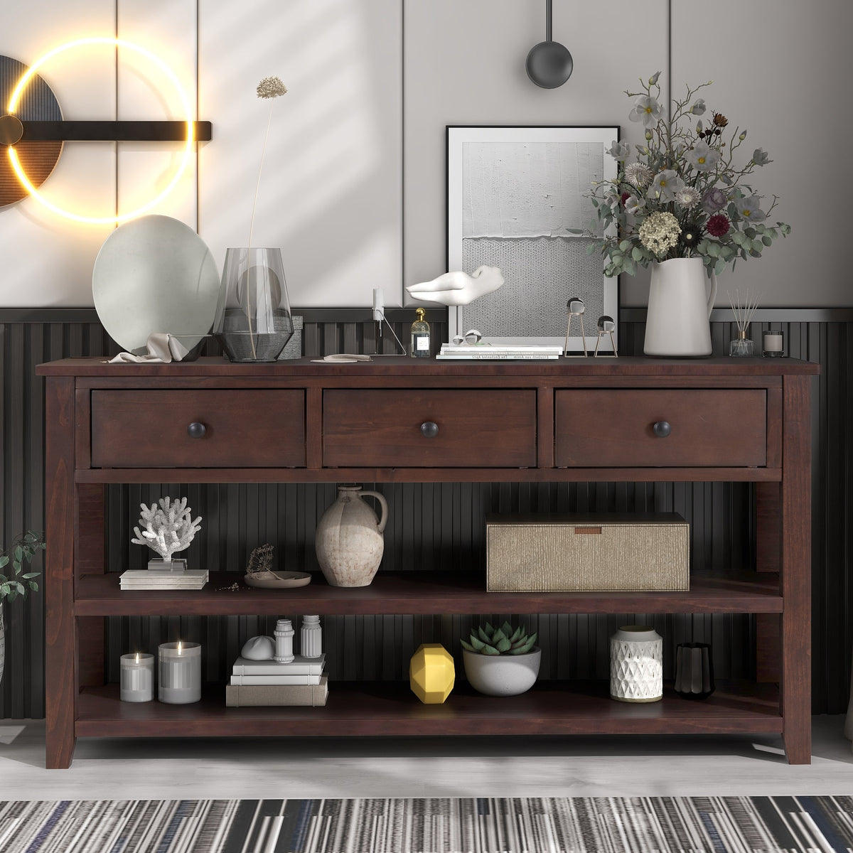 Espresso Solid Pine Console Table with Drawers & Shelves