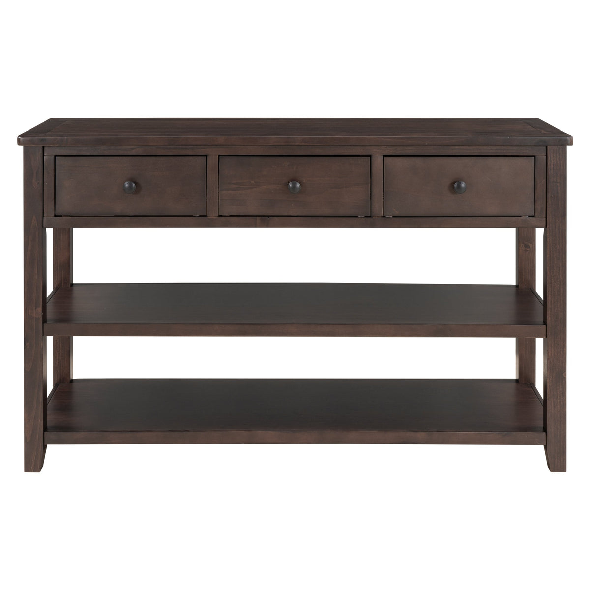 Espresso Solid Pine Console Table with Drawers & Shelves