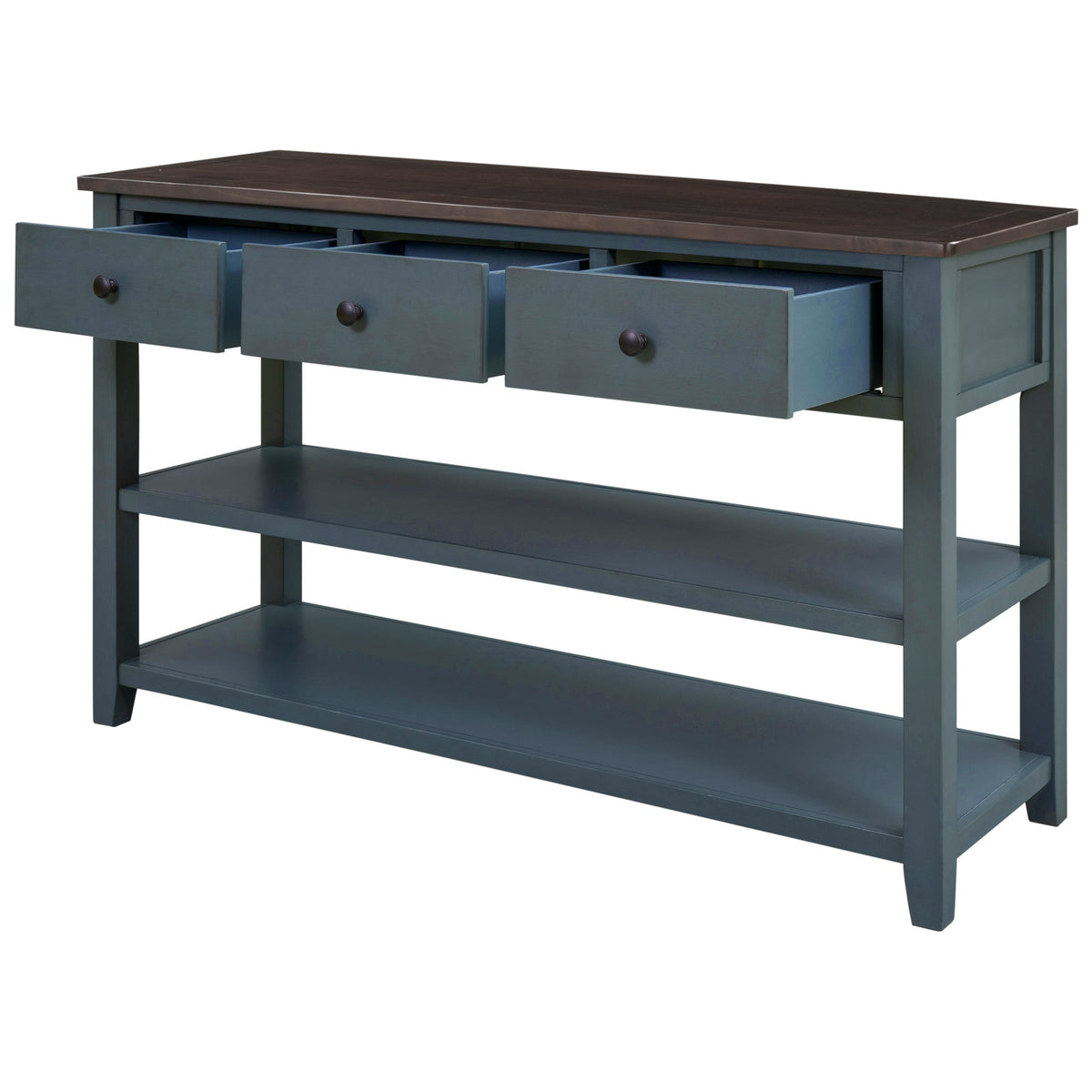 Navy Retro Console Table with Drawers and Open Shelves