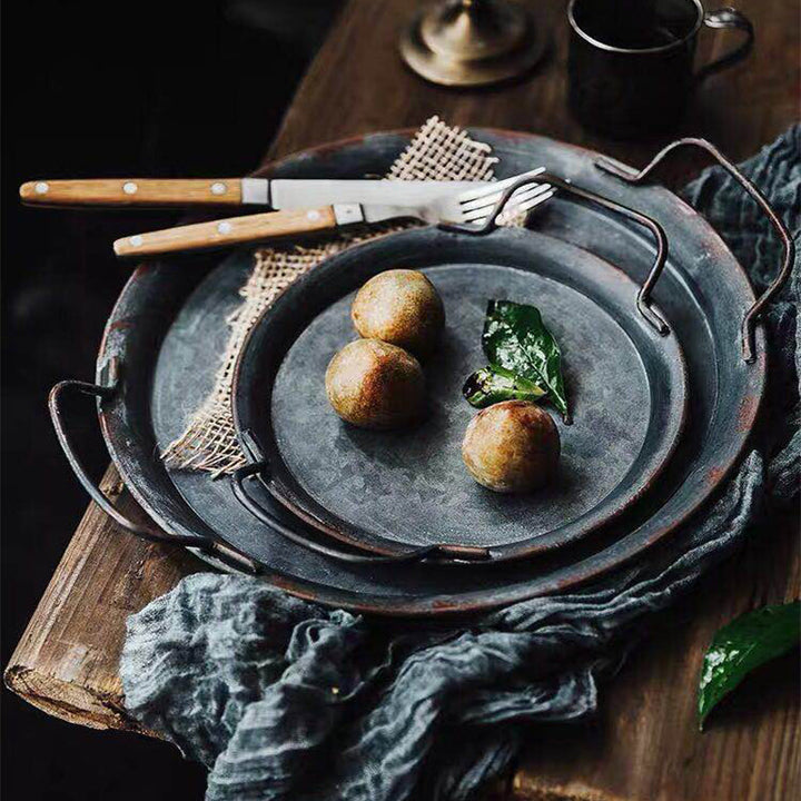 Vintage Wrought Iron Round Serving Tray With Handles