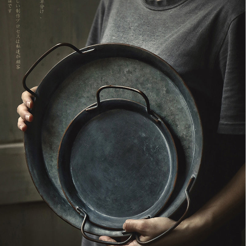 Vintage Wrought Iron Round Serving Tray With Handles