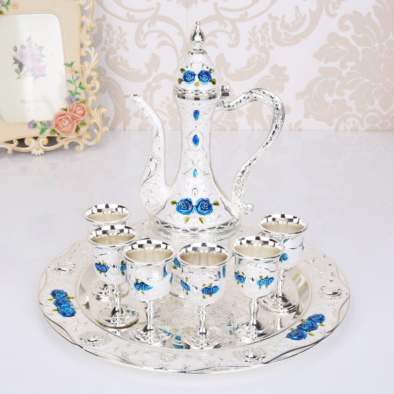 Rose Enamel Wedding Wine Set: Ewer, Tray & 6 Goblets