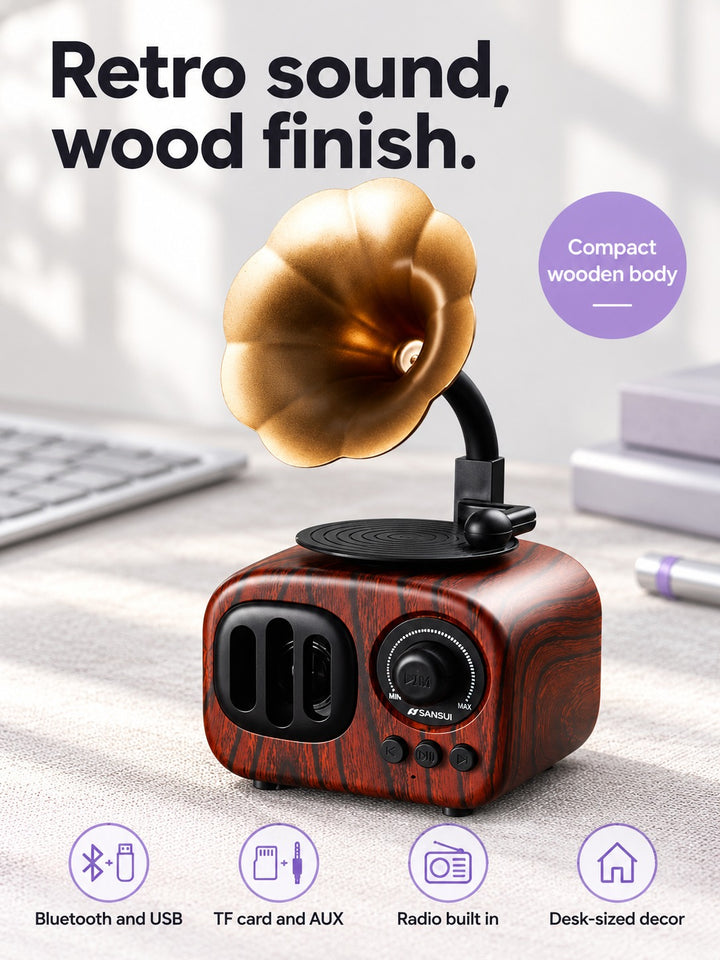 Retro Wooden Bluetooth Speaker with Gramophone Horn