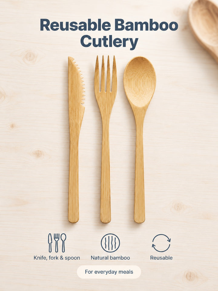 Reusable Bamboo Cutlery Set: Knife, Fork and Spoon, 20cm