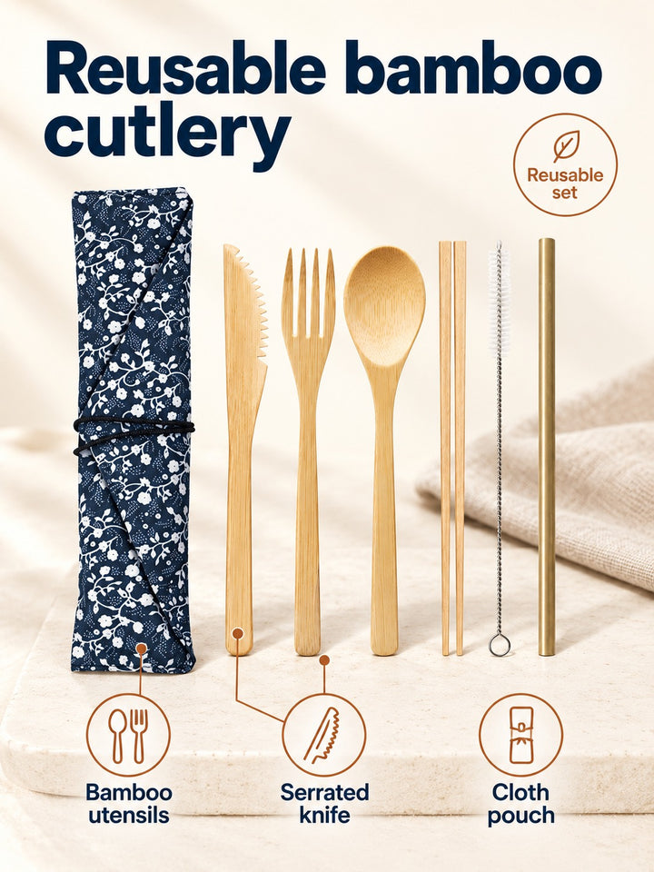 Reusable Bamboo Cutlery Set with Straw & Cloth Pouch