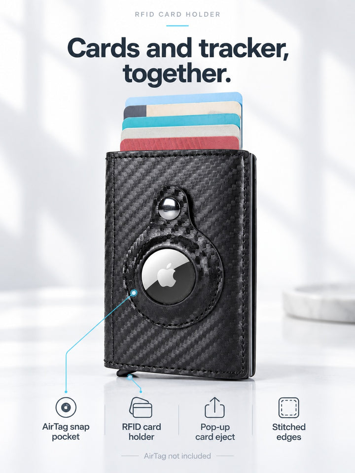 RFID Card Holder with AirTag Pocket and Pop-Up Ejection