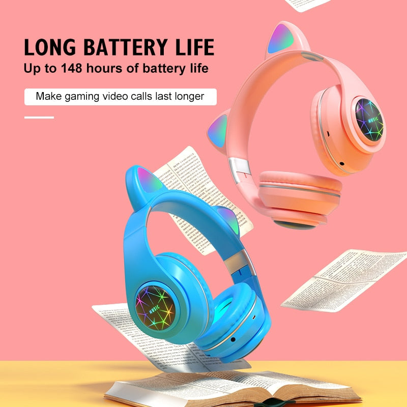 RGB Cat Ear Headphones Bluetooth 5.0 with Long Battery