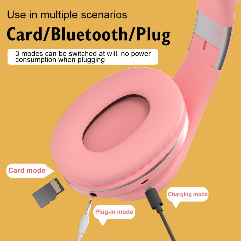 RGB Cat Ear Headphones Bluetooth 5.0 with Long Battery