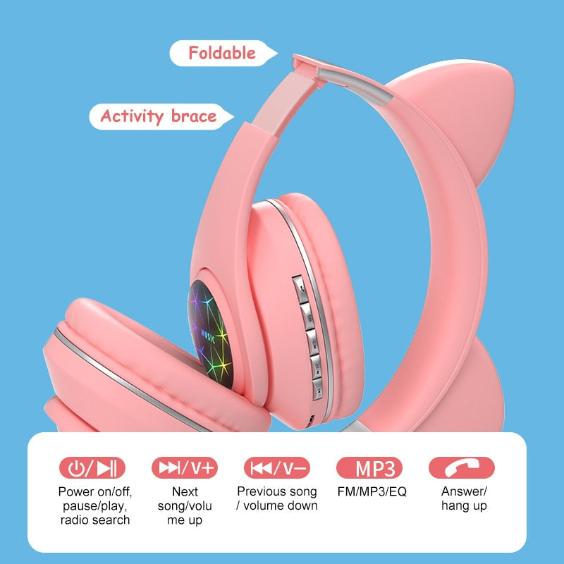RGB Cat Ear Headphones Bluetooth 5.0 with Long Battery
