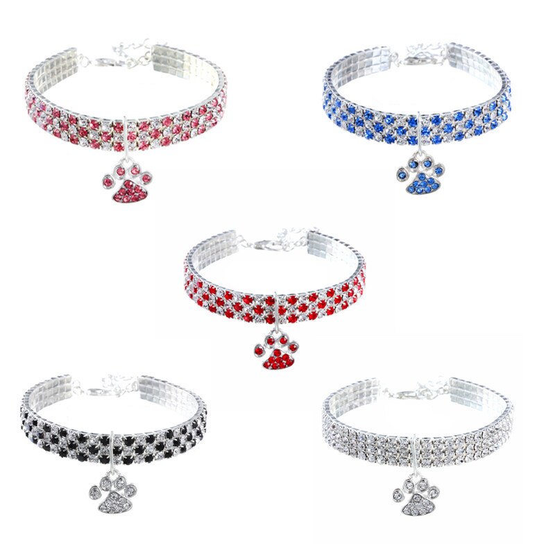 Rhinestone Dog Collar With Paw Charm for Small Pets