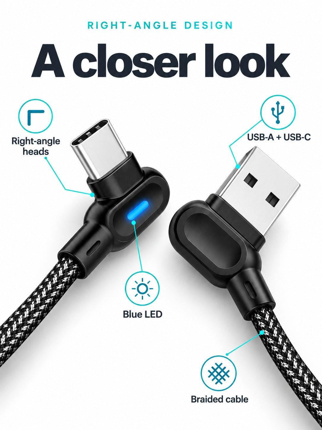 Right Angle Braided Gaming Charging Cable for Phones