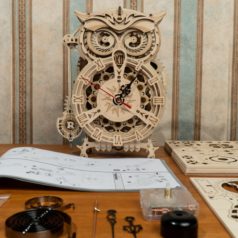 DIY Wooden Owl Clock Model Kit With Moving Gear Display