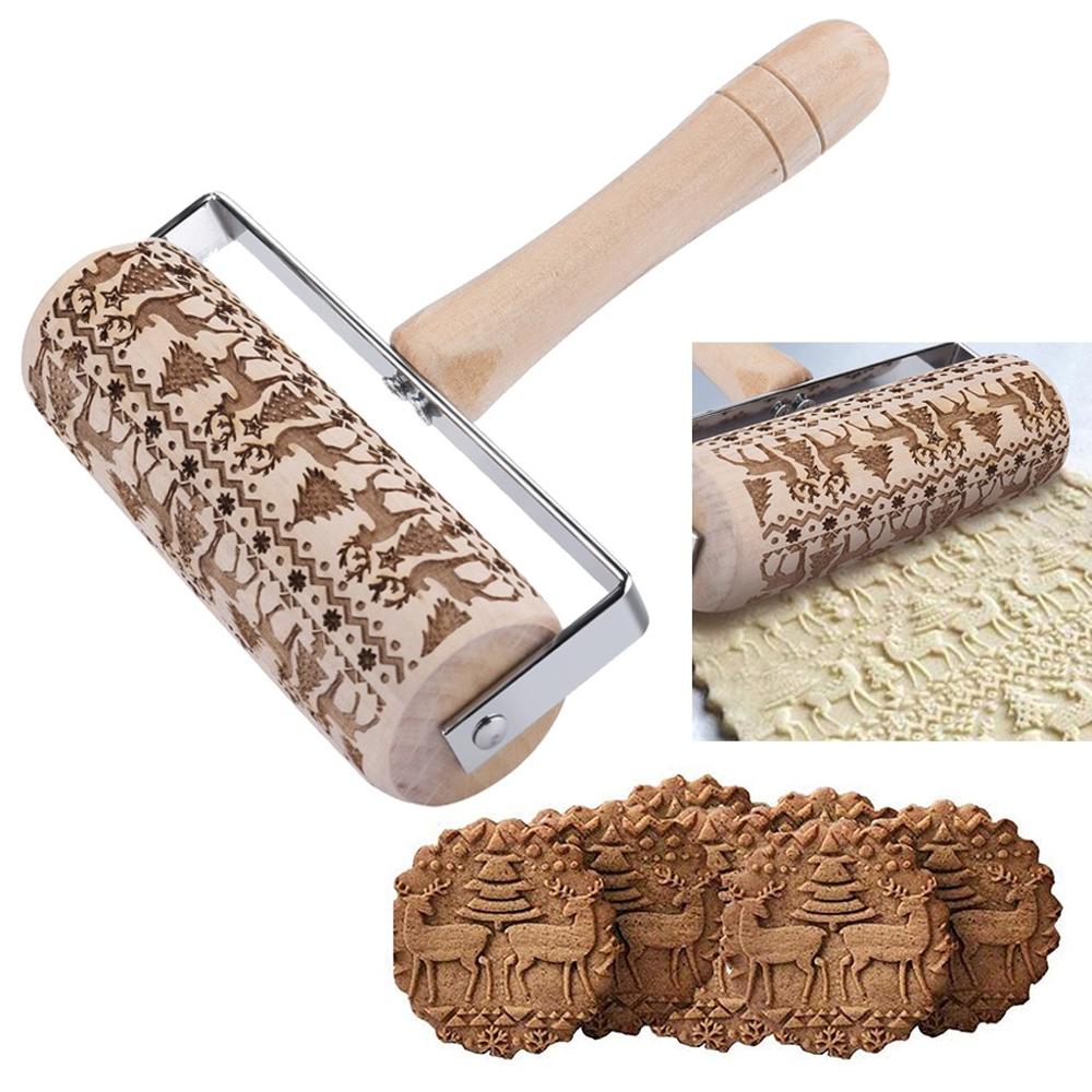 Embossed Wooden Rolling Pin with Reindeer & Tree Designs