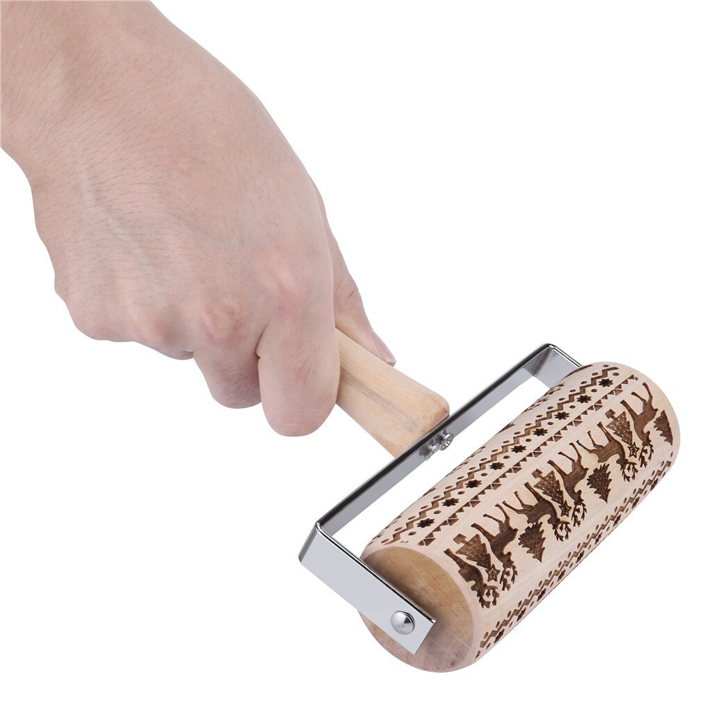 Embossed Wooden Rolling Pin with Reindeer & Tree Designs