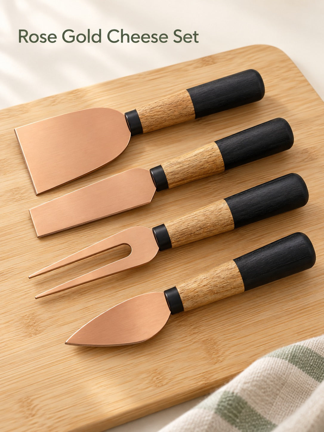 Rose Gold Cheese Knife Set with Acacia Wood Handles