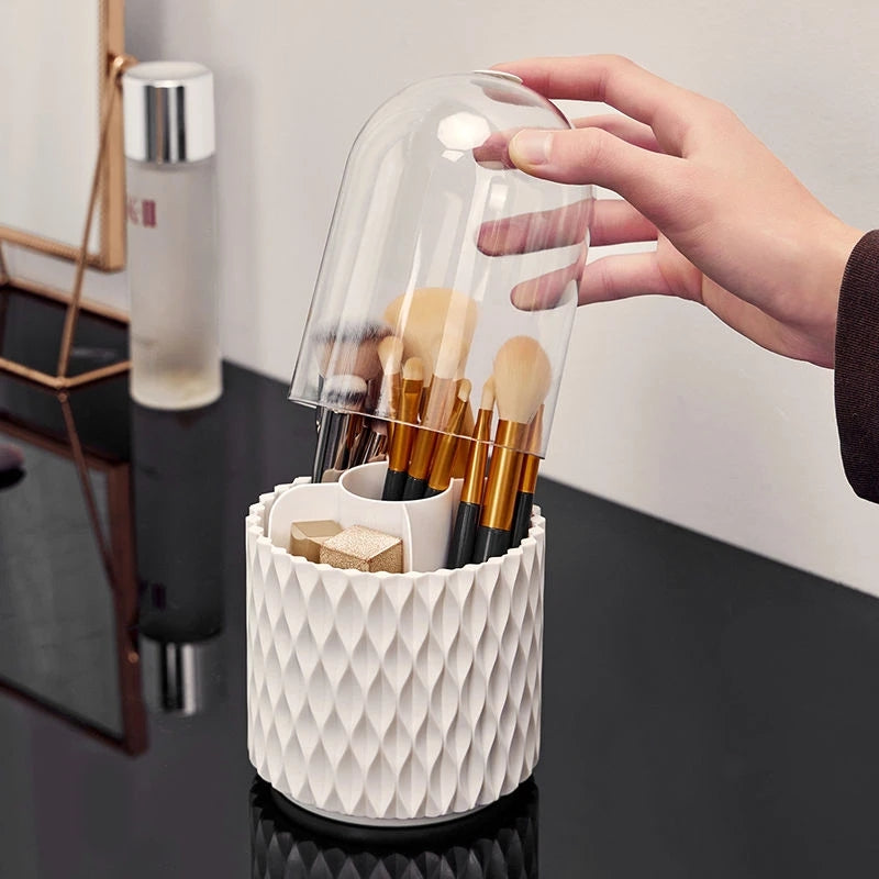 Rotating Makeup Brush Holder With Dustproof Clear Cover