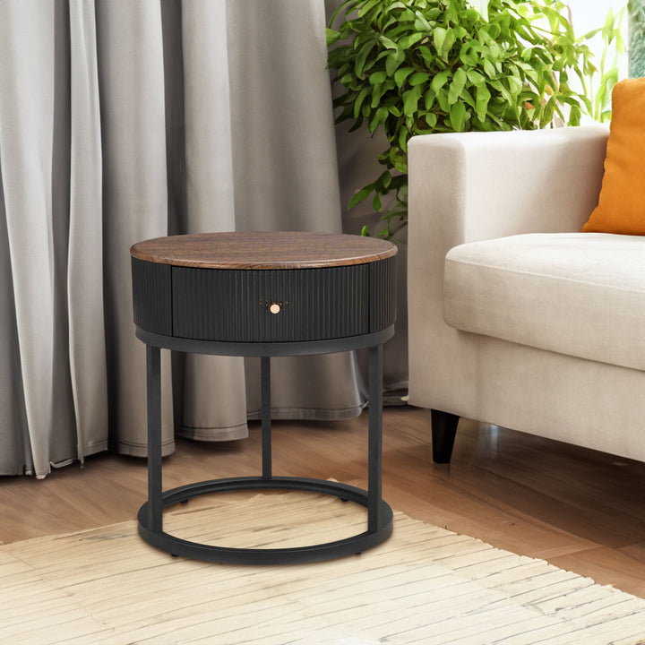 Round Wood Nightstand with Drawer for Small Bedrooms